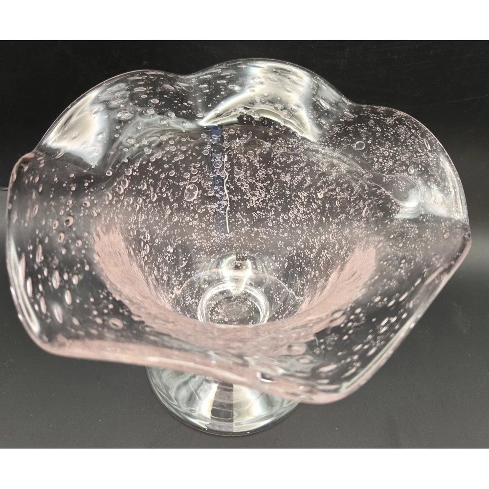 Vintage Pink Vase. Hand Blown Many Fun Bubbles Ruffled Rim